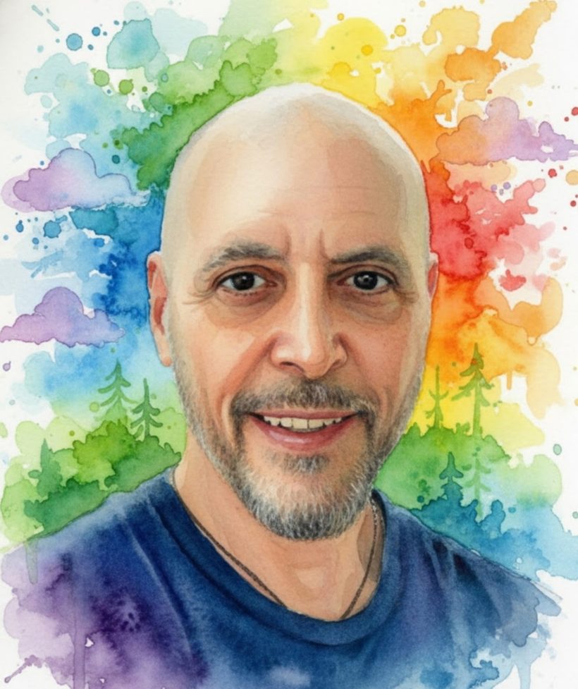 Watercolor portrait of Curt Anthon smiling, framed by bright splashes of color and painted pine trees